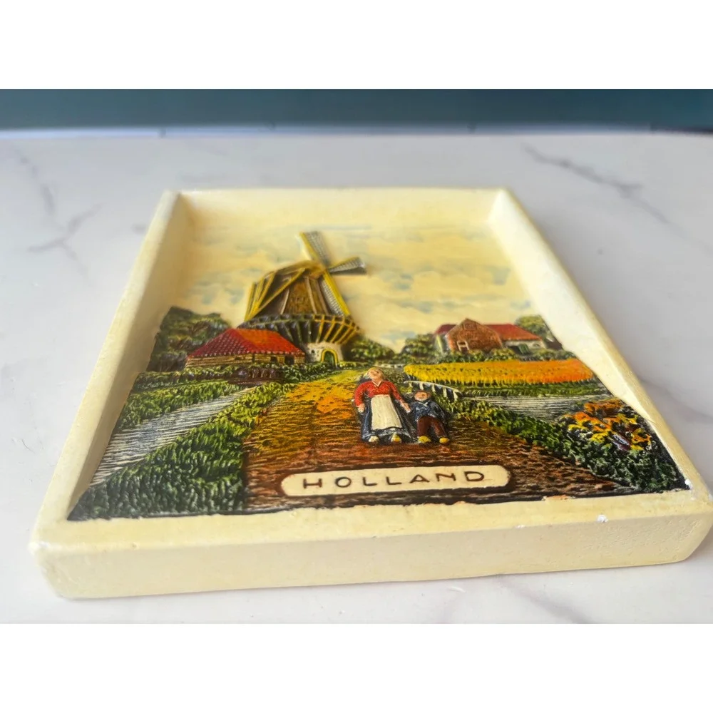 Vintage Holland 3D Relief Wall Plaque Windmill Dutch Landscape Decor Plaster